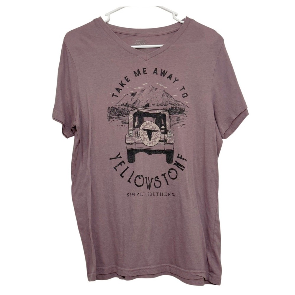 Simply Southern Yellowstone Graphic T-Shirt Mauve Purple V-Neck Large Womens